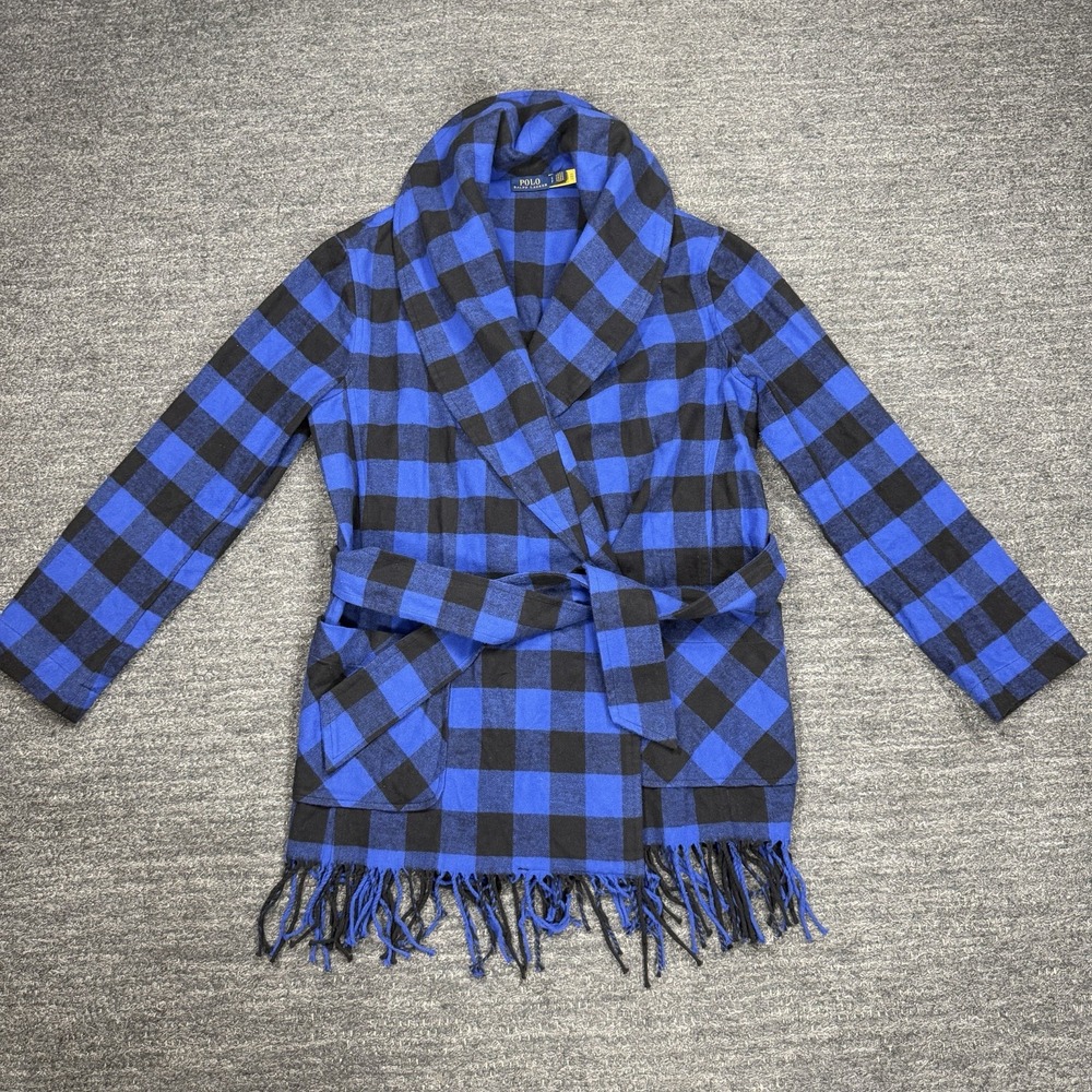 Polo Ralph Lauren Jacket Women Small Blue Buffalo Plaid Fringe Belt Coat flannel - Picture 2 of 14